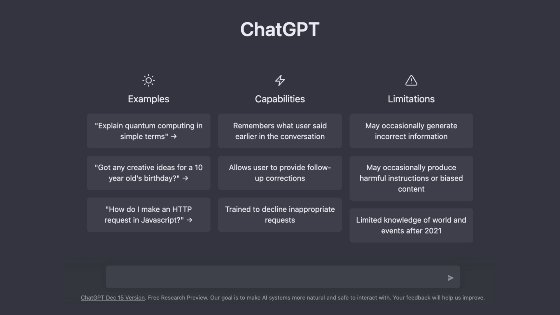 The original ChatGPT interface from December 15, 2022 — a simple chat input, nothing else